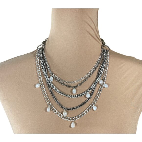 Stella & Dot Avery Tiered Necklace Freshwater Pearl Silver Tone Chain - Picture 1 of 6